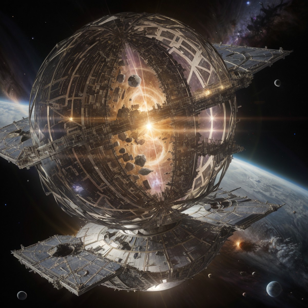 dyson_sphere, space background,  <lora:dyson_sphere_12:0.8>, planet, earth, spacecraft